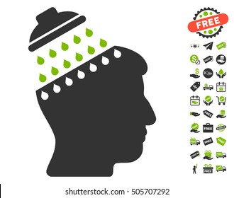 Brain Shower icon with free bonus pictures. Vector illustration style is flat iconic symbols, eco green and gray colors, white background.