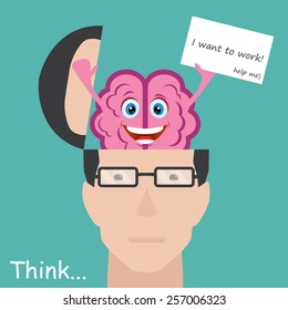 Brain showing paper with message I want to work. Concept employee