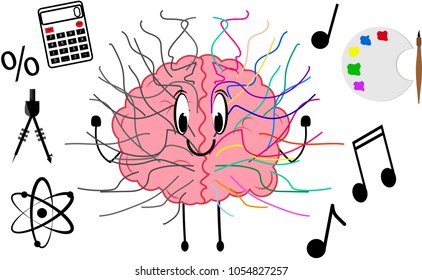 Brain showing qualities of its right and left side. Logic and creativity. Vector, illustration.
