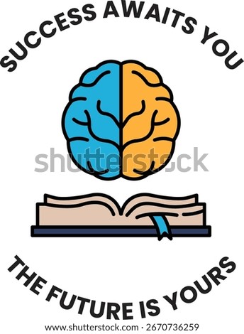 A brain is shown with an open book and the words "success awaits you" are written below it
