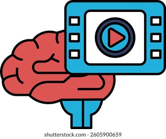 A brain is shown with a video player on top of it. The brain is red and the video player is blue. Concept of technology and intelligence