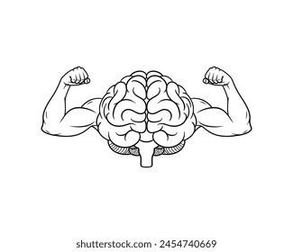 Brain shows biceps line art, brain power of intellect.