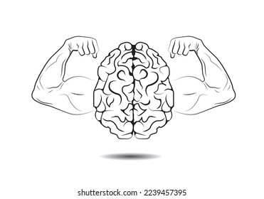 el cerebro muestra biceps, potencia cerebral, órgano humano. Concepto de memoria de entrenamiento, inteligencia, mente fuerte. medios mixtos