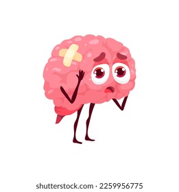 Brain sick body organ character. Sad human vector cranium with unhappy face and plaster. Isolated cartoon anatomical personage. Diseased ill pericranium with hangover, coma or migraine illness