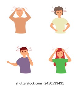 Brain sick icons set cartoon vector. People suffering dizziness and migraine. Health problem