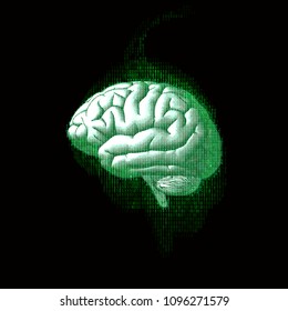 Brain side view with binary digital code AI conceptual in glowing green  color isolated on dark background