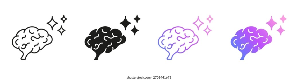 Visão lateral do cérebro com linha de faíscas e conjunto de ícones sólidos. Inteligência Artificial Do Pensamento Neural E Coleção De Símbolos De Processo Cognitivo. Ilustração de vetor isolada.