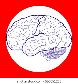 Brain sign illustration. Blue icon in white circle at red background. Colors of USA flag. Circumscribed circle. Circumcircle.