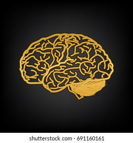 Brain sign illustration. Vector. Golden icon on blackish background.