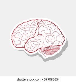 Brain sign illustration. Vector. New year reddish icon with outside stroke and gray shadow on light gray background.