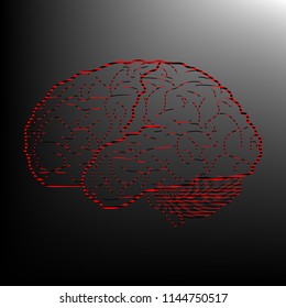 Brain sign illustration. Vector. Striped red and black icon at gradient blackish background. Zebra.