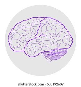 Brain sign illustration. Vector. Violet flat icon on light gray circle at white background. Isolated.