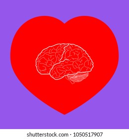Brain sign illustration. Vector. White icon in red heart at lavender background.