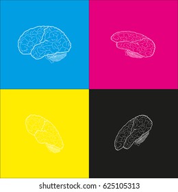Brain sign illustration. Vector. White icon with isometric projections on cyan, magenta, yellow and black backgrounds.