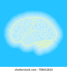 Brain sign illustration. Vector. Yellow sunny shining icon on sky blue background.