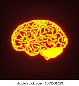 Brain sign illustration. Yellow, orange, red neon icon at dark reddish background. Illumination. Illustration.