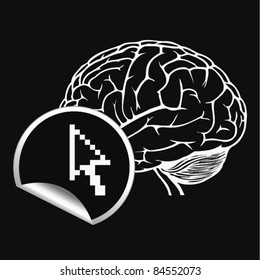 Brain with sign of pixel cursor. vector illustration