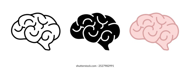 Brain silhouette illustration set Simple view of the brain, thin line vector illustration of the human brain in flat style.