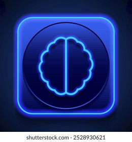 Brain simple icon vector. Flat design. Blue neon style on button. With shadow.ai