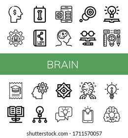 ajuste de iconos simples del cerebro. Contiene iconos como Pensar, Robot, Rayos X, Científico, Conocimiento, Idea, Pensamiento, Creatividad, Colegio, Innovación, puede ser usado para la web, móvil y logotipo