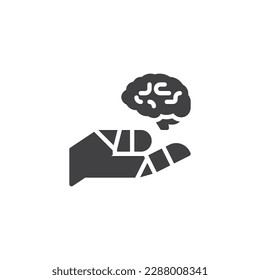 Brain simulation vector icon. Robot hand and brain filled flat sign for mobile concept and web design. Artificial intelligence glyph icon. Symbol, logo illustration. Vector graphics