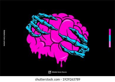 Gehirn mit Skeleton Hand Grab Melting Brain T Shirt Illustration Design