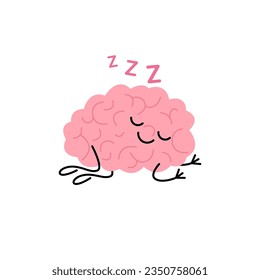 Brain sleep, nap rest and night recovery cute child character for health. Happy brain lies. Tired mind. Snooze for relax. Vector illustration