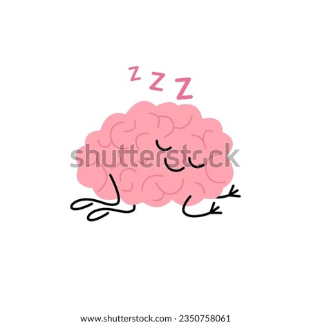 Brain sleep, nap rest and night recovery cute child character for health. Happy brain lies. Tired mind. Snooze for relax. Vector illustration