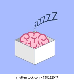 Brain sleeping in the box. Vector concept illustration of inactive passive mind | flat design linear infographic icon on blue background