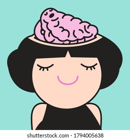 A Brain Sleeping In Head Of A Happy Girl Concept Card Character illustration