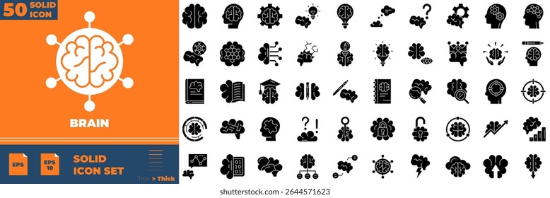 Conjunto de ícones editáveis do Brain Solid. Ilustração vetorial em estilo sólido fino moderno de ícones do cérebro: memória, mente, imaginação, etc