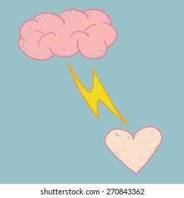 Brain, spark and heart in line hand drawing design vector.