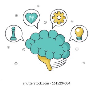 brain with speech bubbles and icons over white background, vector illustration