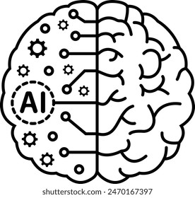 A brain split in half, with one side resembling a human brain and the other an artificial intelligence construct.