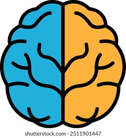 The brain is split into two halves, with one half blue and the other half orange