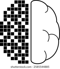 A brain is split into two halves, one half is black and the other half is white