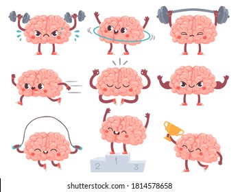 Brain and sport. Comic brains sports activities, training achievements iq metaphor, mental exercise, fitness cartoon vector characters. Sport brain character, workout and train illustration