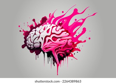 Brain spray-painted with smudges. Human brain  isolated vector illustration - Pink beautiful detailed brain on grey background. Spots of ink paint, grunge, splatter textures. Vector illustration. 