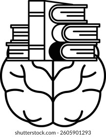 A brain with stacks of books on top of it. The brain is surrounded by the books and the books are stacked on top of each other. Concept of knowledge and learning, as the books represent information