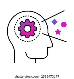 Brain and stars icon. Interpretation, understanding, cognitive processing, clarity, awareness, analytical skills. Vector illustration.