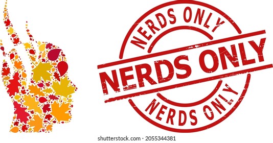 Brain Steam Mosaik Ikone für die Herbstsaison und Nerds Only grunge Stempel-Robbe. Das Dampfmosaik des VectorGehirns ist mit randomisierten Herbstapel- und Eichenblättern geformt.