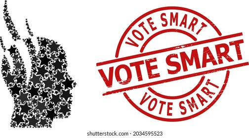 Brain steam star mosaic and grunge Vote Smart badge. Red seal with unclean style and Vote Smart phrase inside circle. Abstract brain steam mosaic is created with random flat star icons.