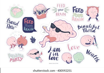 Brain sticker feed and leisure printable set, cartoon vector isolated images with cutting path and lettering, a part of Brain collection