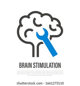 Brain stimulation, medication for Alzheimer's disease. Human brain with wrench. Thin line icon. Healthcare and medical vector illustration.