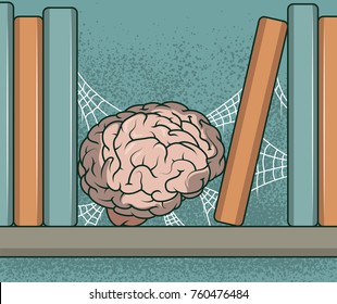 Brain stored in a book shelf vector illustration. Knowledge design concept