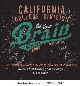 Brain Storm. California college division. Original font and logo. Print on shirt or sticker. Retro and vintage style. Old school. Classic print.