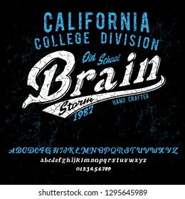 Brain Storm. California college division. Original font and logo. Print on shirt or sticker. Retro and vintage style. Old school. Classic print.