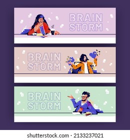 Brain storm cartoon banners with business people think idea. Creative team man and women work, searching solutions, brainstorming and discussing new projects, Line art flat vector header or footer
