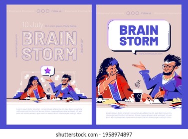 Brain storm cartoon web banners with business people think idea, teamwork. Creative team man and woman sitting at desk with crumpled papers and coffee discuss new project, vector line art illustration