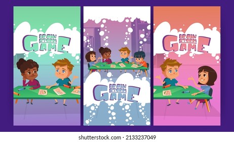 Brain Storm Game Cartoon Posters. Kids Playing Boardgame At School Or Kindergarten. Multiracial Children Sitting Around Of Table Painting And Chatting, Play Board Quiz Puzzle, Vector Banners, Flyers